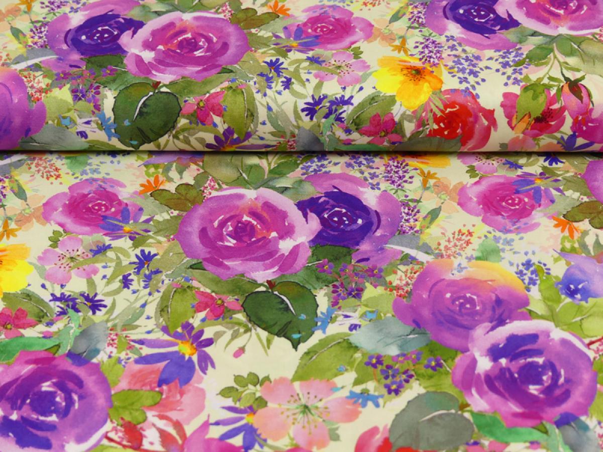 Patchworkstoff Clothworks Flowershop Rosen in lila und bunte Blumen Detailansicht